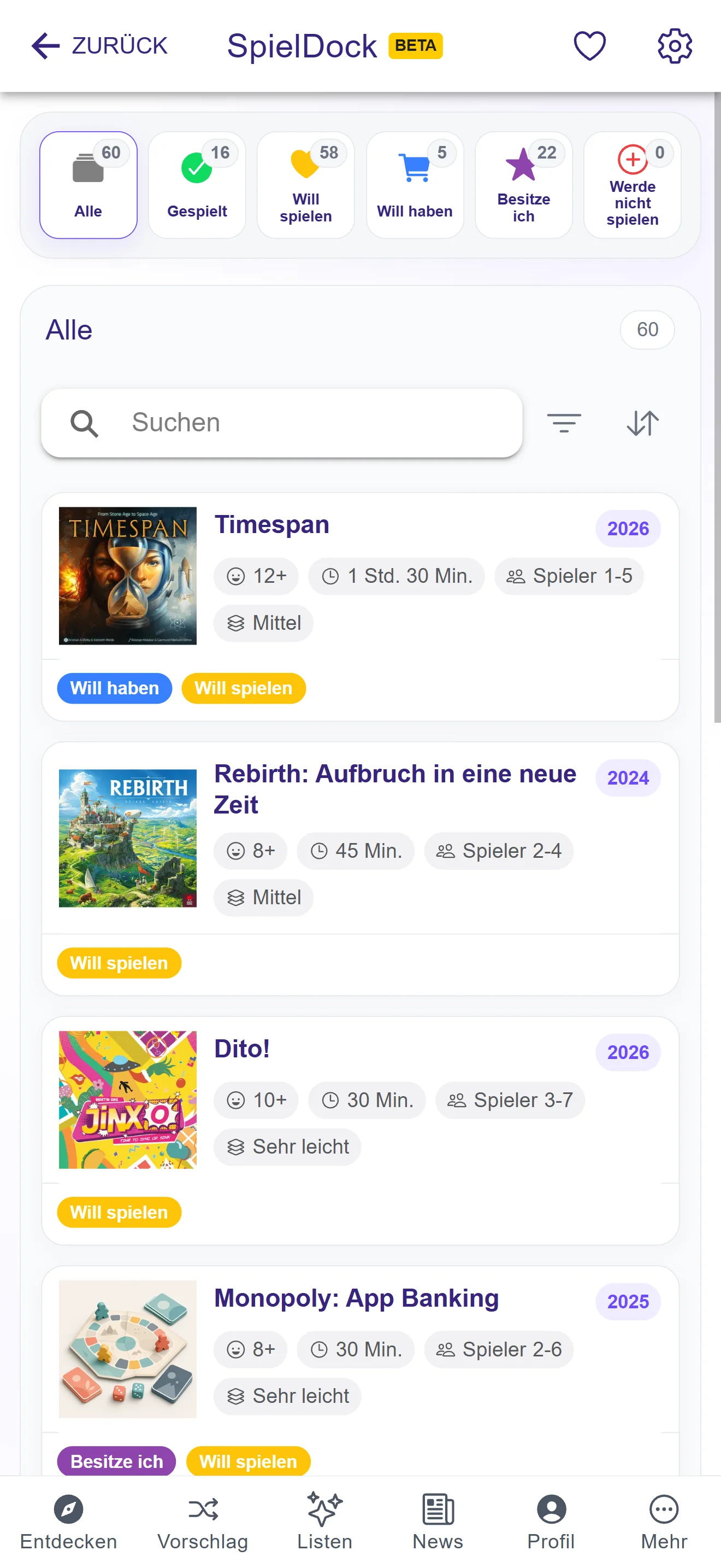 SpielDock-Sammlung mit verschiedenen Listen und Spielstatus