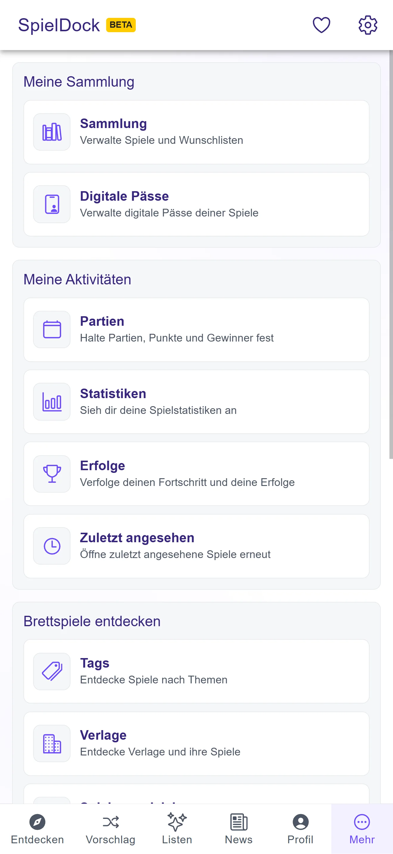 SpielDock-Übersicht mit Sammlung, Partien, Statistiken und Erfolgen