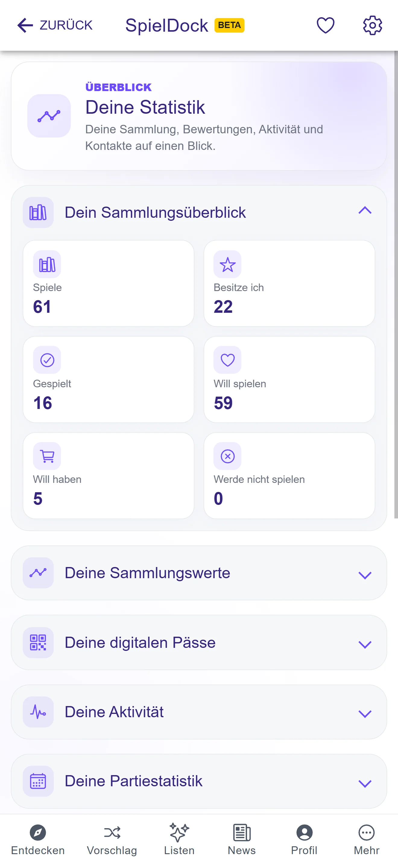 SpielDock-Statistik mit Kennzahlen zur Sammlung und Aktivität
